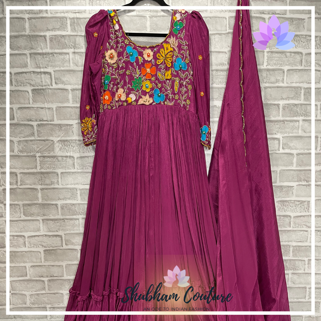 Beautiful chinon silk long dress with designer maggam work on