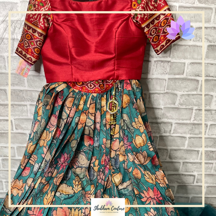 Satin Kalamkari printed lehanga with contrast red blouse