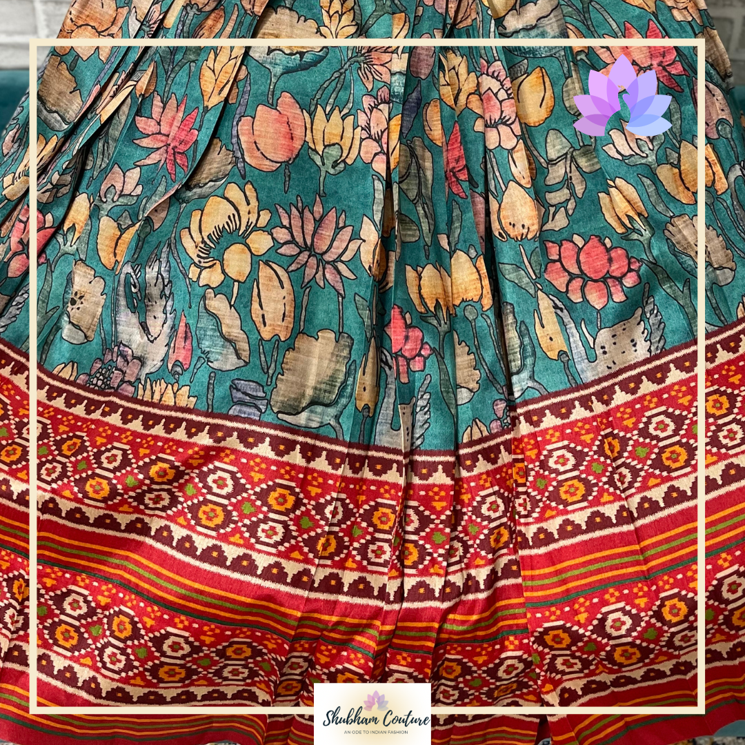 Satin Kalamkari printed lehanga with contrast red blouse