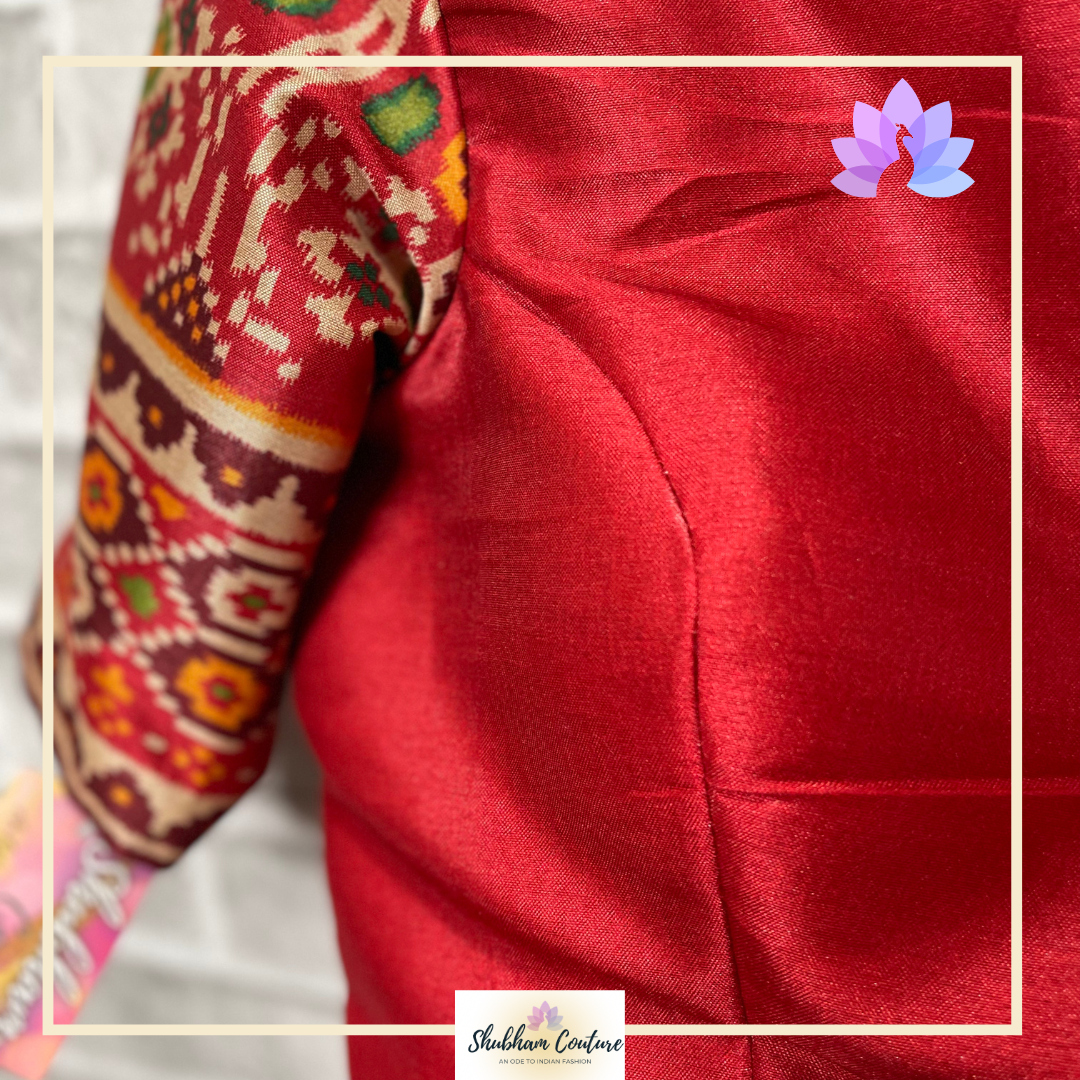 Satin Kalamkari printed lehanga with contrast red blouse