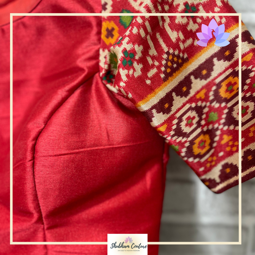 Satin Kalamkari printed lehanga with contrast red blouse