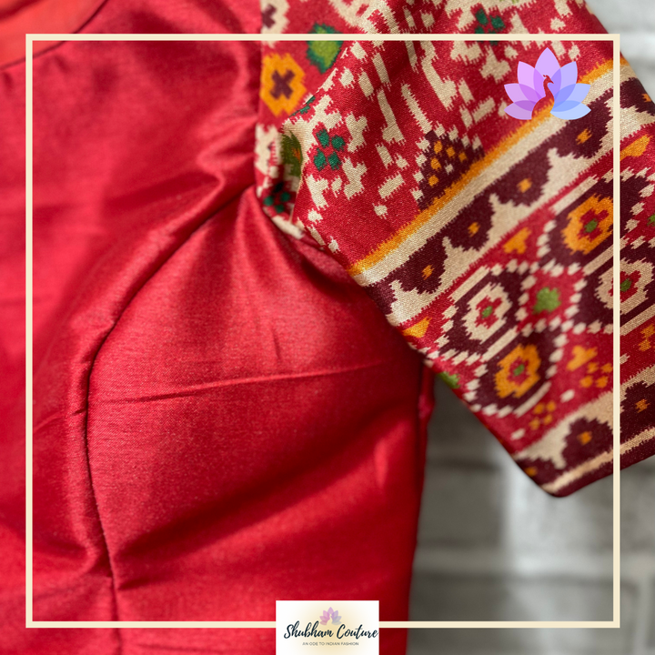 Satin Kalamkari printed lehanga with contrast red blouse