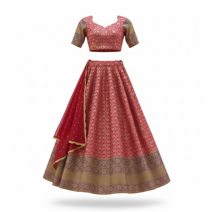 Pink Benarasi brocade lehanga with contrast purple borders