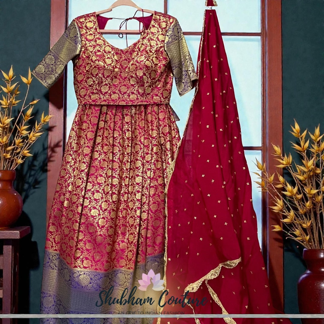 Pink Benarasi brocade lehanga with contrast purple borders