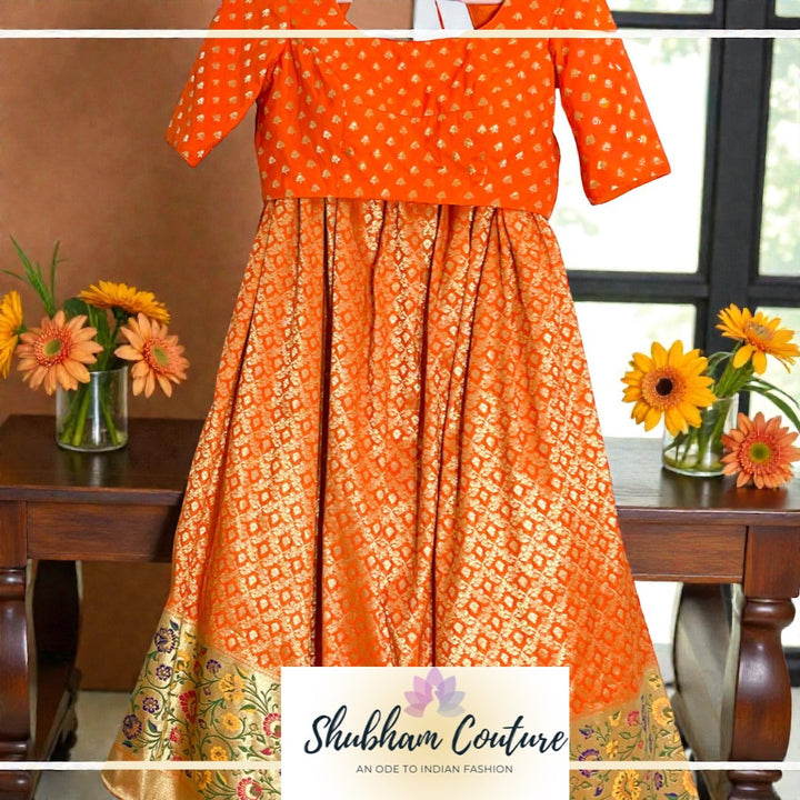 Bright orange Benarasi brocade lehanga and blouse