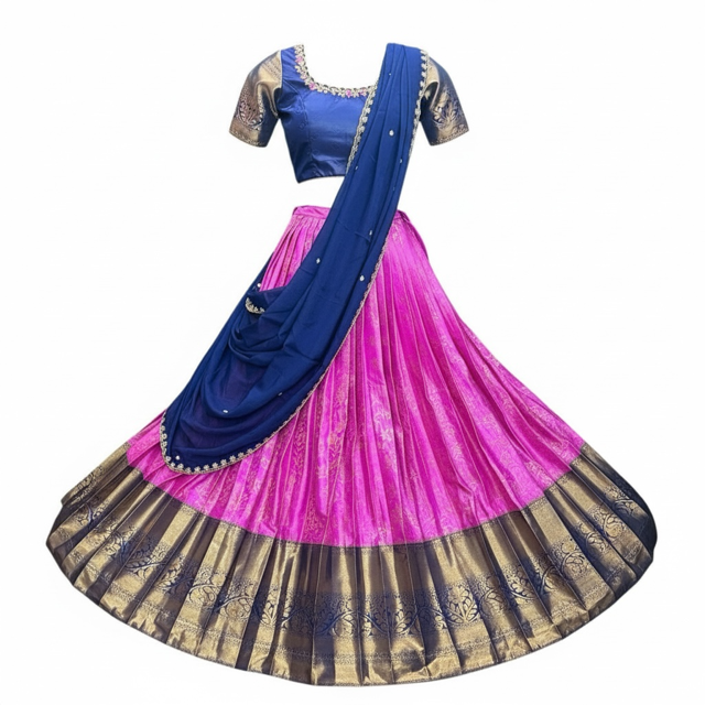 Bright pink Semi Kanchi Lehenga with contrast Blue Border and Blouse
