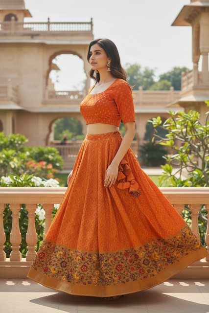 Bright orange Benarasi brocade lehanga and blouse