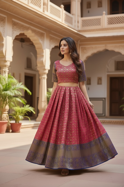 Pink Benarasi brocade lehanga with contrast purple borders