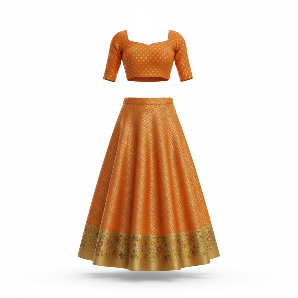 Bright orange Benarasi brocade lehanga and blouse