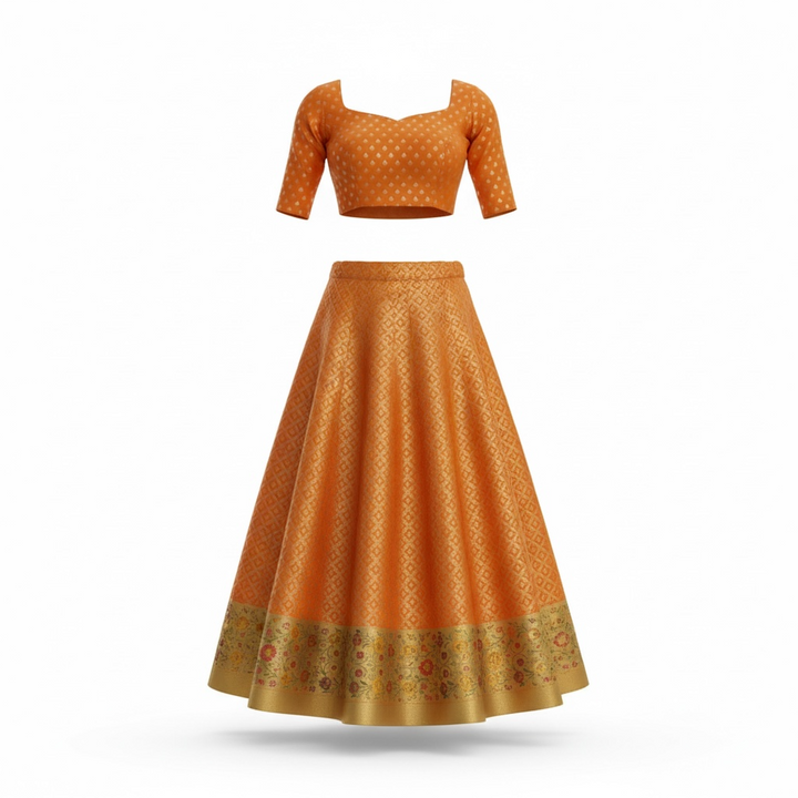Bright orange Benarasi brocade lehanga and blouse
