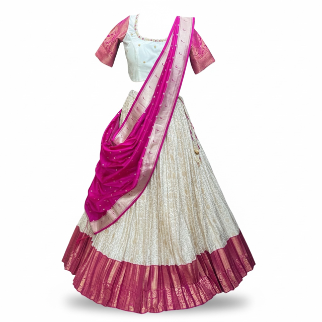 Elegant Half-white lehenga with pink contrast border in Semi Kanchi Silk