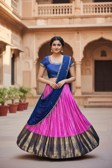 Bright pink Semi Kanchi Lehenga with contrast Blue Border and Blouse