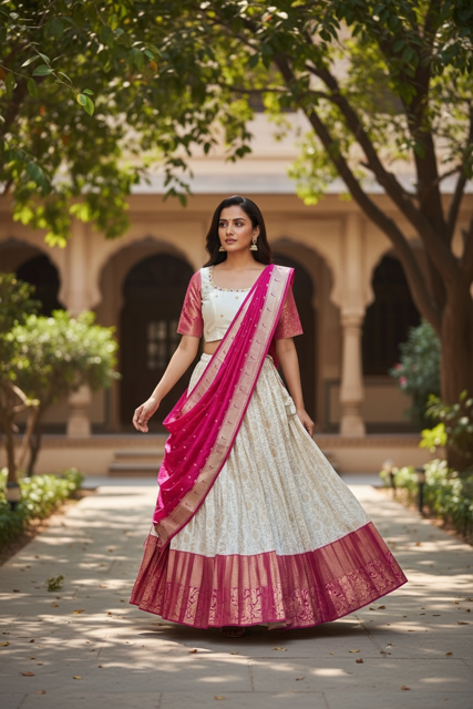 Elegant Half-white lehenga with pink contrast border in Semi Kanchi Silk