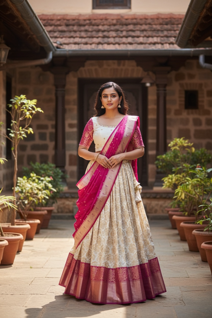 Elegant Half-white lehenga with pink contrast border in Semi Kanchi Silk