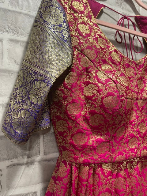 Pink Benarasi brocade lehanga with contrast purple borders